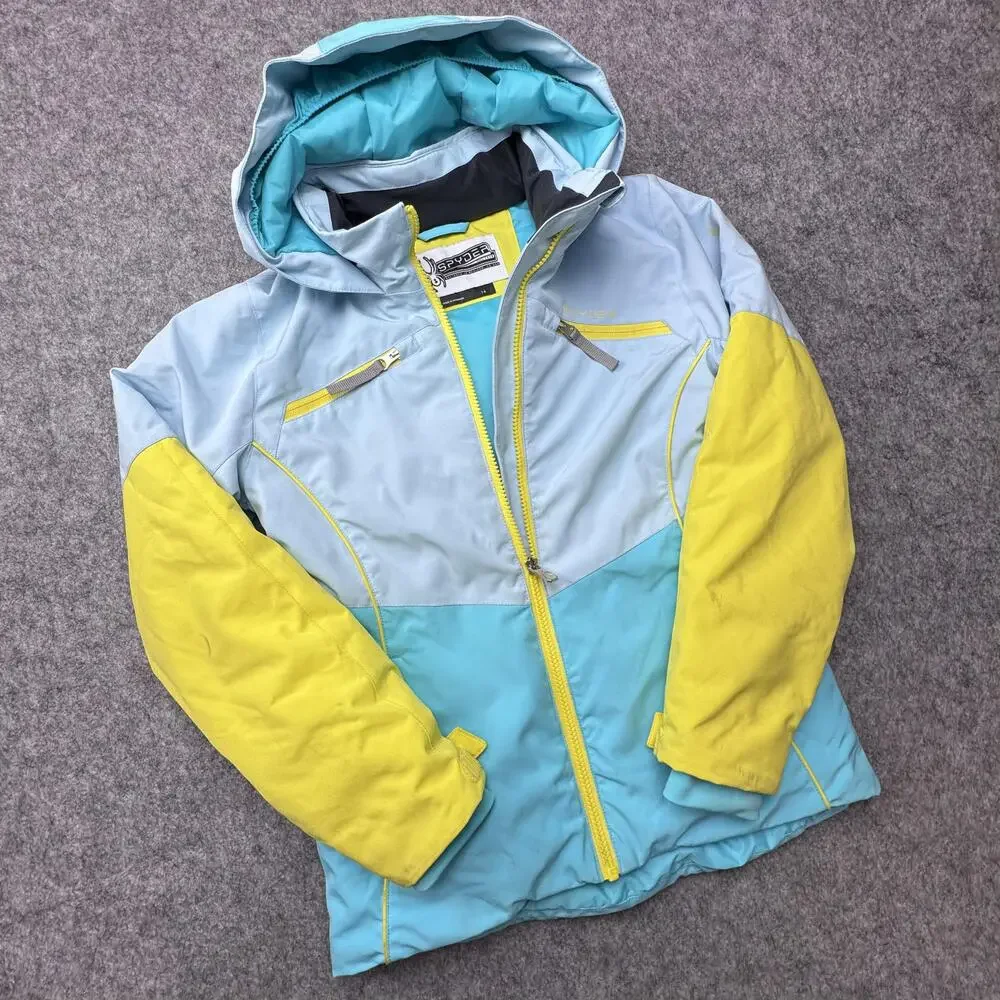 Spyder Ski Jacket Kids 14 Blue Yellow Colorblock Hooded Insulated Winter Snow